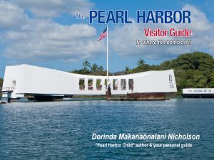 Pearl Harbor Visitor Guide cover showing the USS Arizona Memorial with visitors and a cloudy sky.